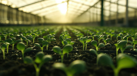 A serene view inside a greenhouse where rows of vibrant green seedlings stretch towards the sunlight, showcasing the beauty of nature and growth.の素材