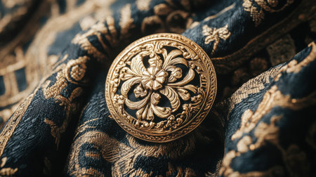 This elegant close-up features an ornate gold brooch resting on a rich dark blue fabric. The detailed design showcases craftsmanship and adds a touch of luxury.の素材