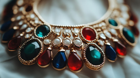 This image features an elegant vintage necklace adorned with vibrant gemstones and pearls, set on a soft fabric background, showcasing meticulous craftsmanship and luxury.の素材