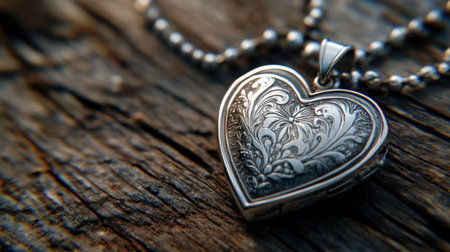 An exquisite close-up of a vintage heart locket adorned with intricate engravings, resting on a rustic wooden surface, showcasing timeless beauty.の素材