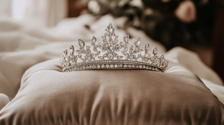 This stunning tiara rests elegantly on a plush pillow, surrounded by soft lighting and blurred floral accents, perfect for conveying luxury and refinement.の素材