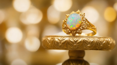A stunning gold ring featuring an iridescent opal gemstone, beautifully set against a soft, blurred backdrop filled with shimmering light bokeh.の素材