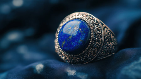 A stunning close-up of an intricate silver ring featuring a vibrant lapis lazuli stone, beautifully displayed on a soft blue fabric background.の素材