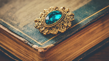 An exquisite antique brooch featuring a stunning turquoise stone elegantly placed on a vintage leather-bound book. Perfect for artistic use.の素材