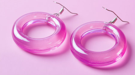 These vibrant pink hoop earrings stand out against a soft pink background, perfect for adding a playful touch to any outfit and showcasing modern fashion trends.の素材