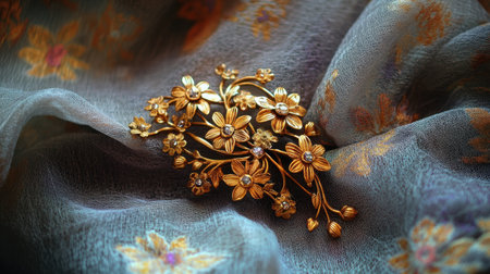 Discover a stunning vintage brooch featuring intricate floral designs embellished with sparkling gems, set against a soft fabric background.の素材