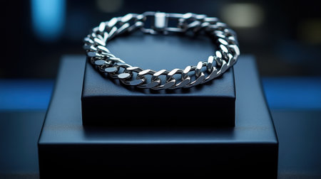 A stunning silver chain bracelet is elegantly displayed on a sleek black box, highlighted by soft lighting that enhances its shiny surface. Perfect for fashion lovers.の素材