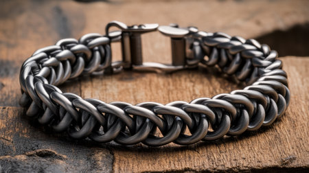 This image features a stylish metal bracelet with interlocking links, showcasing a blend of modern design and timeless elegance on a rustic wooden background.の素材