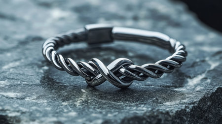 This striking twisted silver bracelet rests elegantly on a dark stone surface, showcasing its intricate design and polished finish, perfect for any occasion.の素材