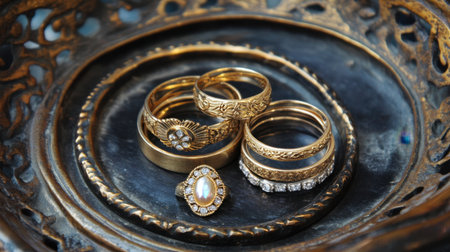 This stunning image showcases an elegant collection of vintage gold rings arranged on an ornate tray. The intricate designs and sparkling gemstones reflect timeless beauty and luxury, making it perfect for displays related to fashion and jewelry.の素材