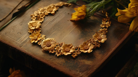 This stunning golden necklace features intricate floral designs, elegantly placed on antique books with yellow flowers. Perfect for showcasing craftsmanship.の素材