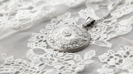 This elegant silver pendant features an intricate floral design, beautifully resting on a soft lace background, perfect for showcasing unique jewelry artistry.の素材