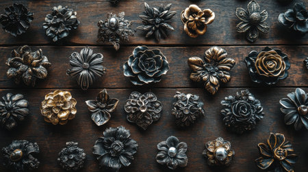 A stunning collection of vintage decorative metal flowers showcasing intricate designs and various finishes, perfect for enhancing home decor and crafting creativity.の素材