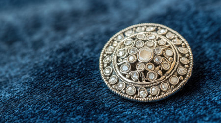 This image captures a stunning antique jewelry brooch featuring intricate designs and sparkling gemstones, elegantly resting on a soft blue fabric, highlighting timeless beauty and craftsmanship.の素材