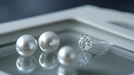 A captivating display of pearl jewelry featuring a beautiful ring alongside lustrous drilled pearls on a reflective surface, emphasizing luxury and elegance.の素材