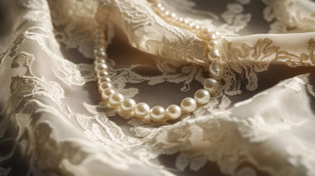 A stunning pearl necklace rests gracefully on delicate lace fabric, illuminated by soft lighting, creating a romantic and luxurious atmosphere perfect for fashion-themed imagery.の素材