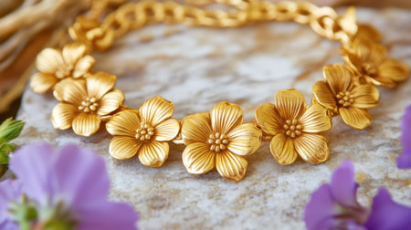 This stunning golden flower necklace showcases exquisite craftsmanship, beautifully arranged on a stone surface alongside colorful blooms, perfect for fashion lovers.の素材