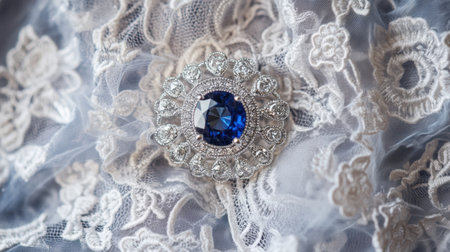 This stunning image features a beautiful sapphire brooch delicately placed on intricate lace fabric, reflecting vintage elegance and craftsmanship.の素材