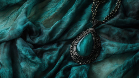 A stunning turquoise pendant necklace is beautifully showcased against a textured teal fabric. The intricate design and rich colors enhance the jewelry's elegance and charm.の素材