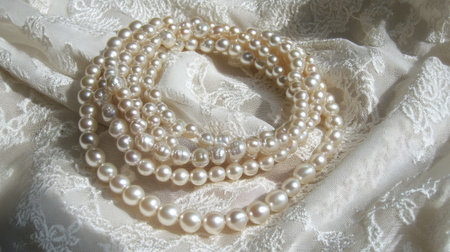 A stunning close-up of multiple pearl necklaces gracefully arranged on soft lace fabric. The natural light enhances the elegance and beauty of these timeless accessories.の素材