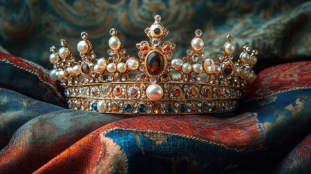 This exquisite vintage crown showcases intricate pearl and gemstone adornments, beautifully displayed against a rich, textured fabric, perfect for themes of royalty and elegance.の素材