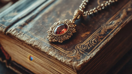 This captivating image features a vintage jewelry pendant with a striking red stone, elegantly displayed on an antique book, creating a warm and nostalgic atmosphere.の素材