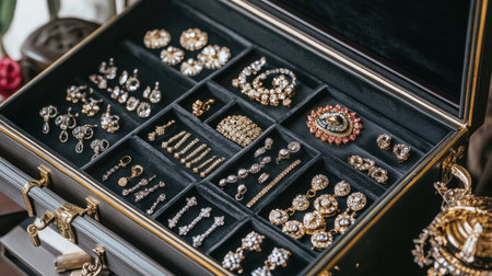A stunning collection of assorted jewelry items beautifully arranged in a black velvet jewelry box, showcasing elegance and artistic craftsmanship.の素材