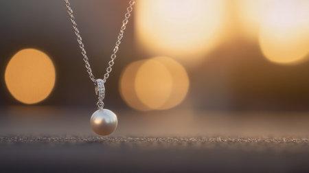 A stunning pearl necklace featuring a diamond accent is elegantly displayed against a soft-focus background during golden hour, exuding luxury and beauty.の素材