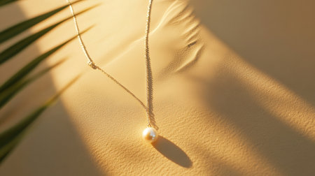 A stunning pearl necklace gracefully rests on soft sand, reflecting warm sunlight and casting delicate shadows, with palm leaves adding a touch of nature.の素材