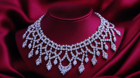 This stunning statement necklace features intricate diamond detailing, elegantly displayed against a luxurious burgundy backdrop, perfect for fashion showcases.の素材