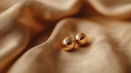 Two elegant golden spheres perfectly placed on soft, luxurious fabric, highlighting reflections and texture in a warm and inviting atmosphere.の素材
