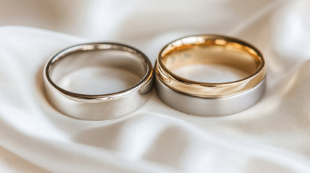 Close-up image of a pair of elegant silver and gold wedding rings resting gracefully on soft silk fabric, symbolizing love and commitment.の素材