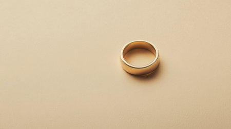 This image features a solitary golden wedding ring on a soft beige surface, embodying themes of elegance and love, perfect for jewelry and commitment concepts.の素材