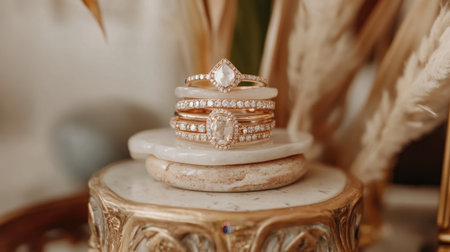 This image showcases an exquisite set of rose gold rings adorned with shimmering diamonds, resting elegantly on a decorative stand amidst natural elements, representing beauty and luxury.の素材