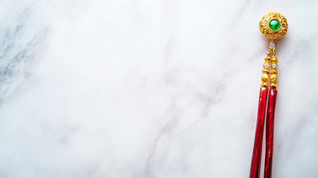 An exquisite traditional ornament with colorful tassels, resting elegantly on a polished marble surface. This stunning piece captures timeless craftsmanship and cultural beauty.の素材