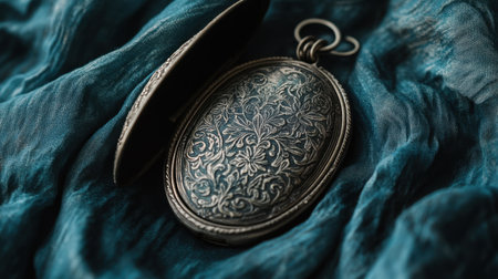 This image showcases a vintage silver locket featuring an intricate floral design, resting gracefully on soft blue fabric, evoking nostalgia and elegance.の素材