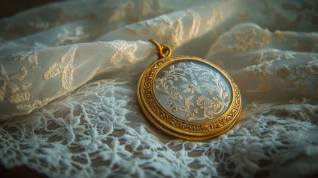 A stunning vintage locket pendant lies gracefully on a soft lace fabric, showcasing intricate floral patterns. The elegant design reflects nostalgia and beauty.の素材