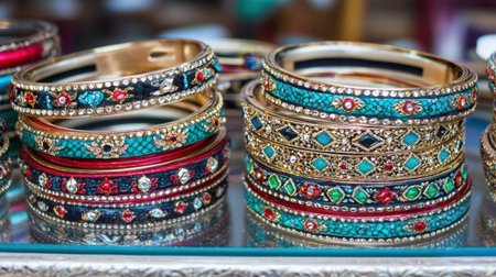 A vibrant collection of colorful bangles adorned with gemstones and enamel detailing, showcased on a silver tray. Perfect for fashion lovers and cultural enthusiasts.の素材