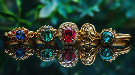 This stunning image features a collection of vintage rings showcasing vibrant gemstones in red, blue, and green. The elegant design is reflected beautifully against a dark background, highlighting the intricate craftsmanship and luxury of each piece.の素材