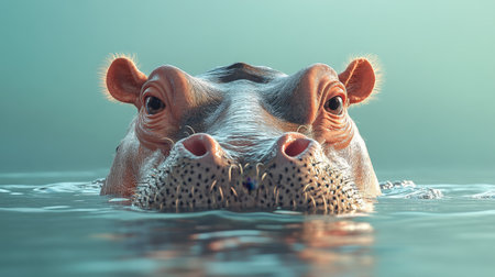 A striking close-up image of a hippopotamus emerging from the water, showcasing its prominent face and features in a tranquil environment.の素材