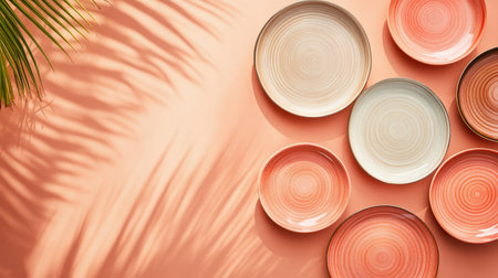 A vibrant arrangement of colorful ceramic plates on a warm surface, enhanced by soft shadows and palm leaf patterns, perfect for culinary art.の素材