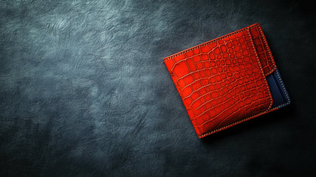 A striking red crocodile leather wallet positioned on a dark slate surface, showcasing its intricate texture and high-end design, perfect for lifestyle photography.の素材