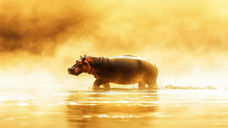 A majestic hippo glides through misty waters at dawn, creating a serene scene. The warm golden hues bathe the landscape, evoking tranquility and beauty.の素材