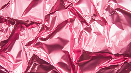 This image features a vibrant and shiny pink foil texture with unique wrinkles and creases, ideal for various design projects and creative uses.の素材