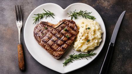 A beautifully arranged romantic dinner showcasing a heart-shaped grilled steak paired with creamy mashed potatoes, garnished with fresh herbs.の素材