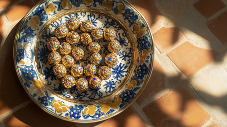 This image showcases an elegant arrangement of golden spheres displayed on a beautifully decorated plate featuring a colorful floral design, set against warm terracotta tiles.の素材