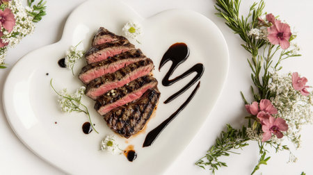 A beautifully presented grilled steak on a heart-shaped plate, adorned with edible flowers and elegant sauce, perfect for romantic dining occasions.の素材