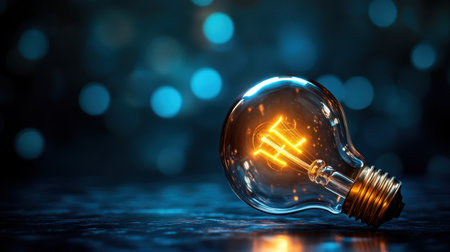 A stunning image of a glowing light bulb casting a bright fiery glow, set against a soft blue bokeh background, perfect for creative projects.の素材