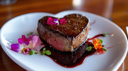 A beautifully cooked heart-shaped steak sits on a white plate, garnished with colorful edible flowers and rich sauce, creating a romantic dining experience.の素材