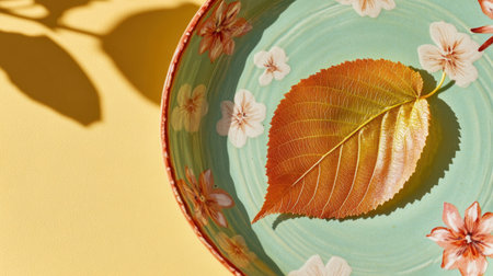 A stunning close-up image showcasing a vibrant autumn leaf placed delicately in a beautifully decorated bowl. Shadows cast against a bright yellow background enhance the colors and textures, creating a visually striking composition perfect for art and design enthusiasts.の素材